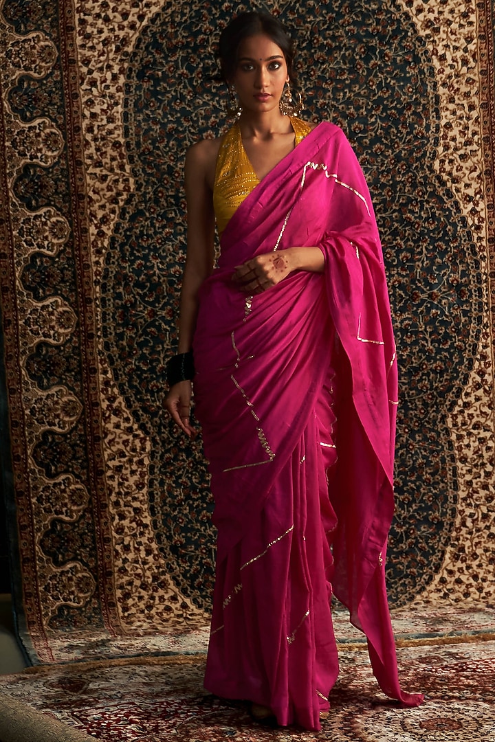 Rani Pink Chanderi Embroidered Party Wear Saree Set by Charkhee at Pernia's Pop Up Shop