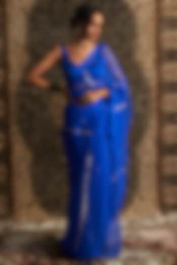 Blue Organza Embroidered Saree Set by Charkhee at Pernia's Pop Up Shop