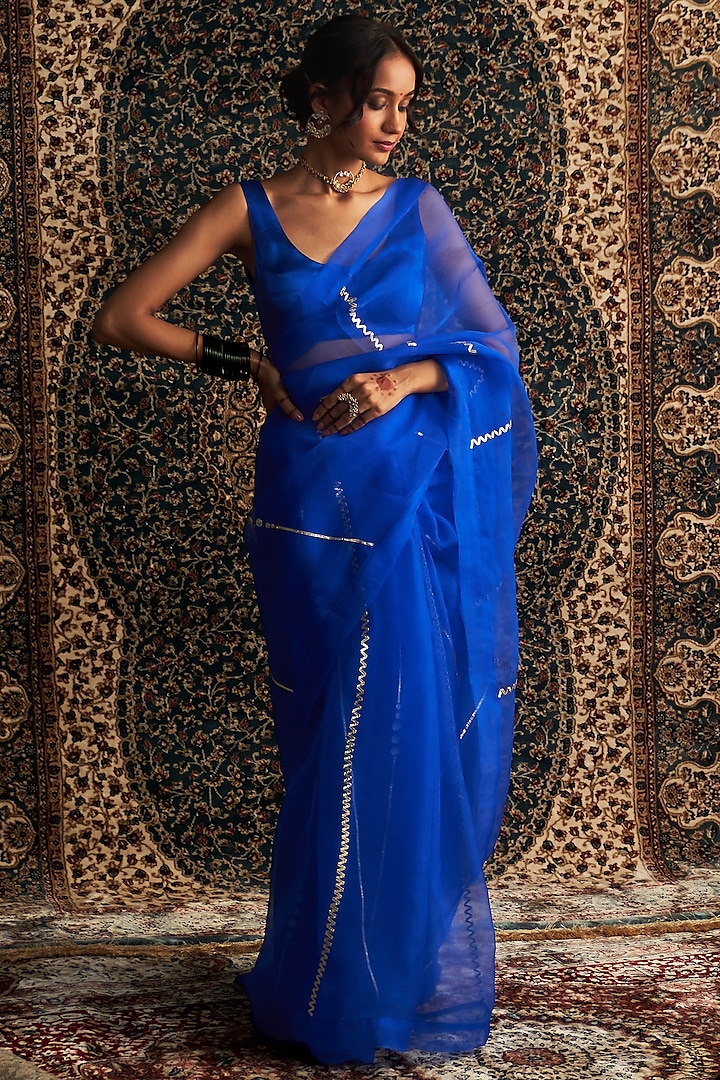 Blue Organza Embroidered Saree Set by Charkhee at Pernia's Pop Up Shop