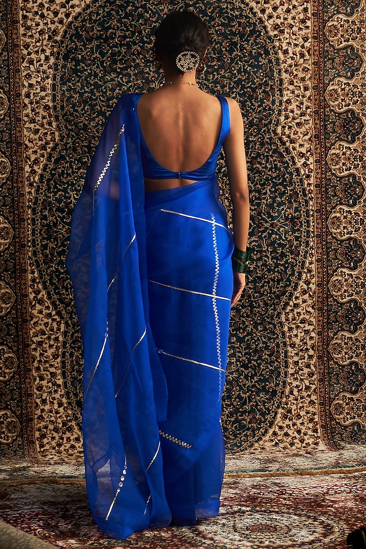 Blue Organza Embroidered Party Wear Saree Set by Charkhee at Pernia's Pop Up Shop