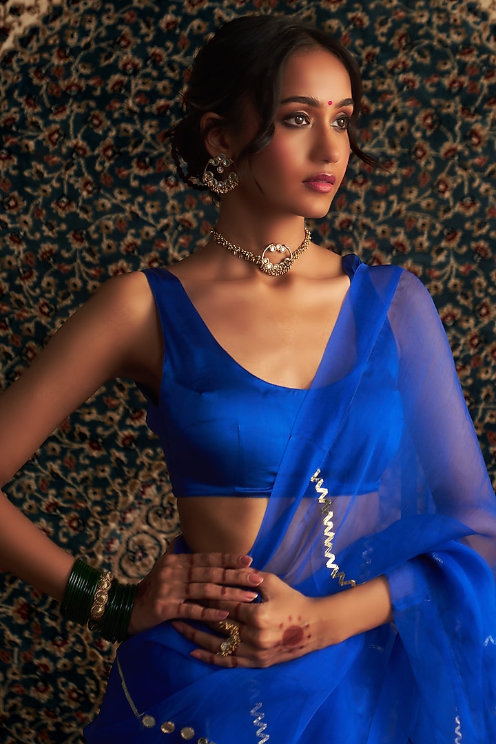 Blue Organza Embroidered Party Wear Saree Set by Charkhee at Pernia's Pop Up Shop