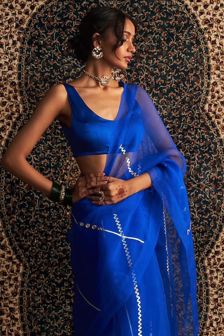 Blue Organza Embroidered Party Wear Saree Set by Charkhee at Pernia's Pop Up Shop