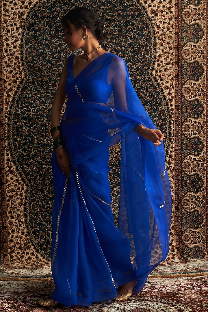 Blue Organza Embroidered Party Wear Saree Set by Charkhee at Pernia's Pop Up Shop