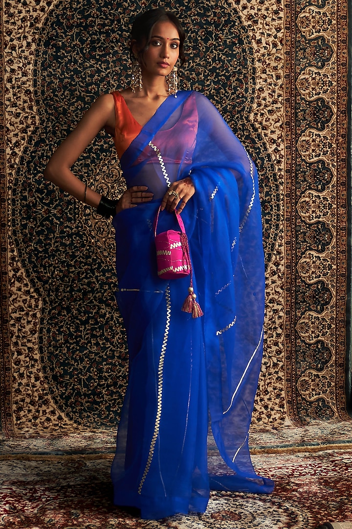 Blue Organza Embroidered Saree Set by Charkhee at Pernia's Pop Up Shop