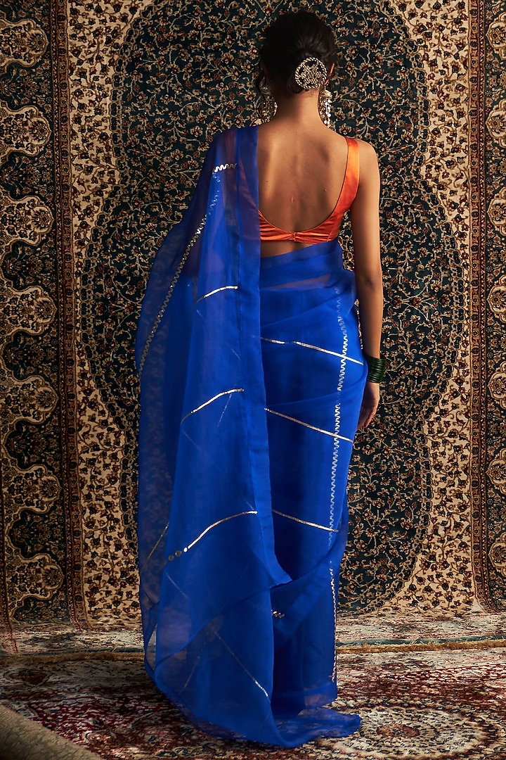 Blue Organza Embroidered Party Wear Saree Set by Charkhee at Pernia's Pop Up Shop