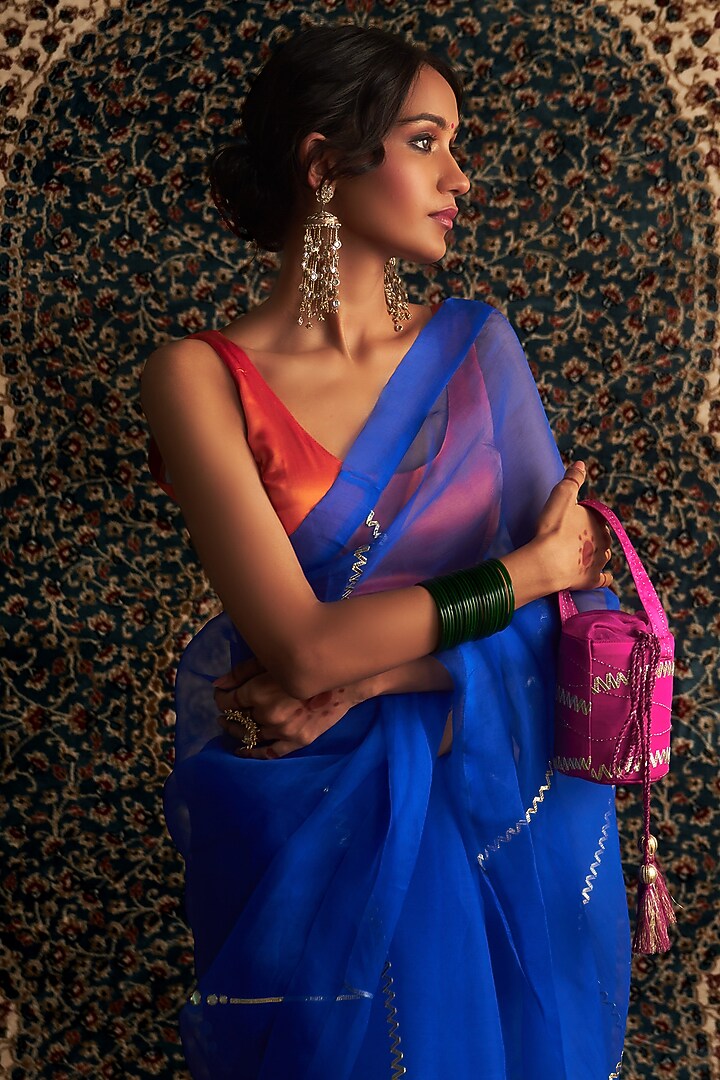 Blue Organza Embroidered Party Wear Saree Set by Charkhee at Pernia's Pop Up Shop