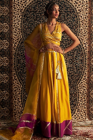 Marigold Yellow Chanderi Lehenga Set by Charkhee