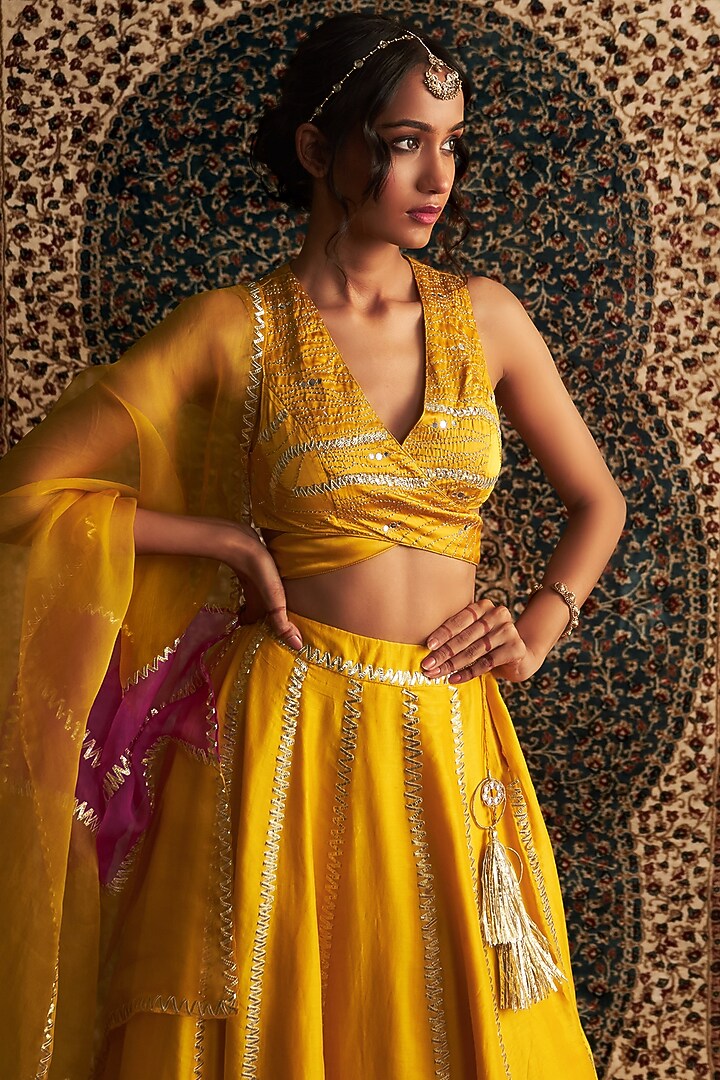 Marigold Yellow Chanderi Wedding Lehenga Set by Charkhee at Pernia's Pop Up Shop