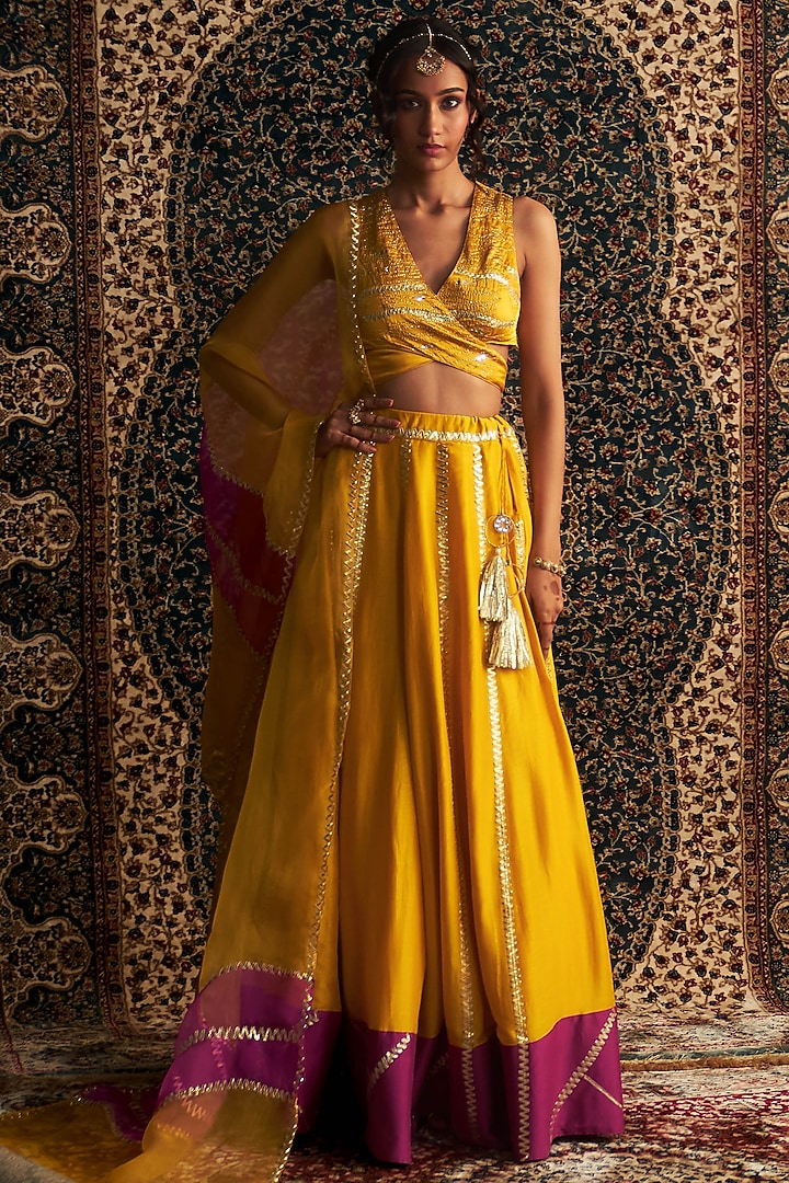 Marigold Yellow Chanderi Wedding Lehenga Set by Charkhee at Pernia's Pop Up Shop