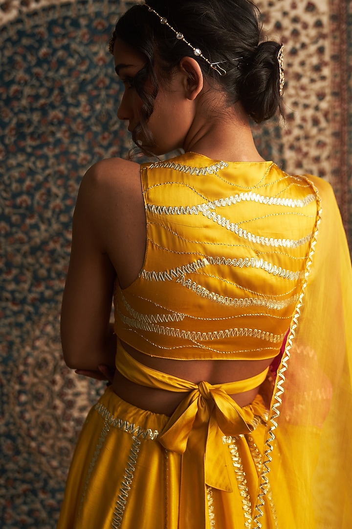 Marigold Yellow Chanderi Wedding Lehenga Set by Charkhee at Pernia's Pop Up Shop