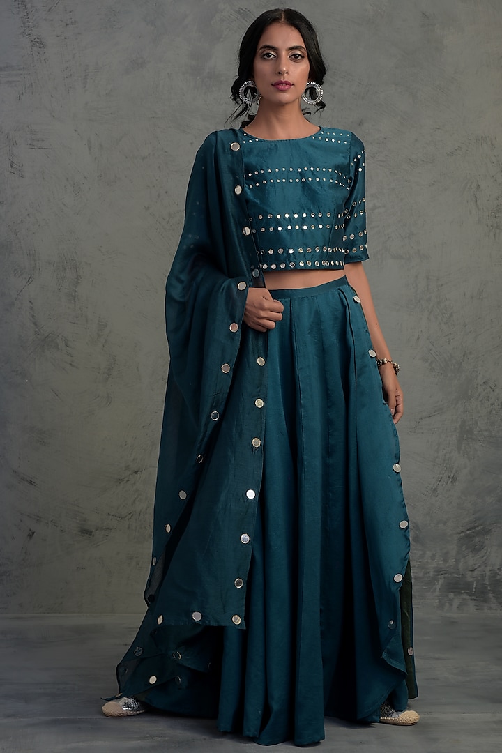 Teal Blue Embroidered Lehenga Set by Charkhee