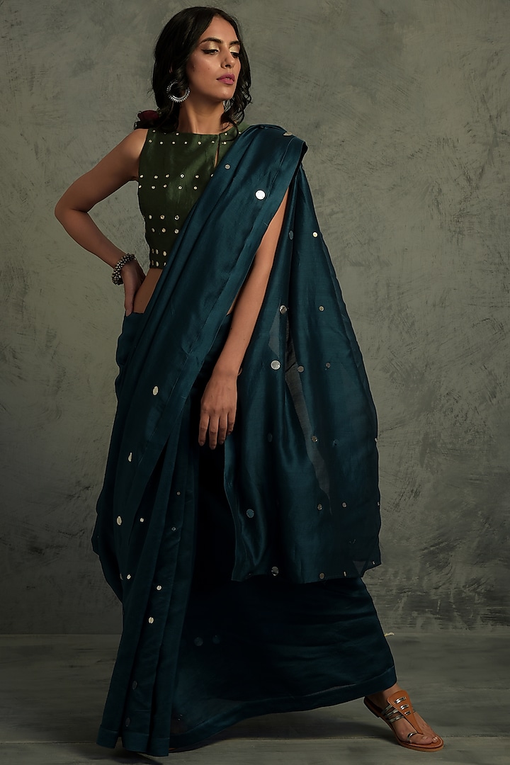 Teal Blue Chanderi Mirror Embroidered Saree Set by Charkhee