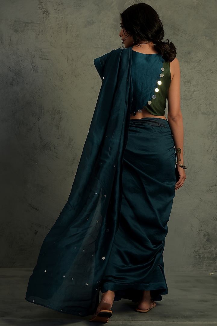 Teal Blue Chanderi Mirror Embroidered Festive Saree Set by Charkhee at Pernia's Pop Up Shop