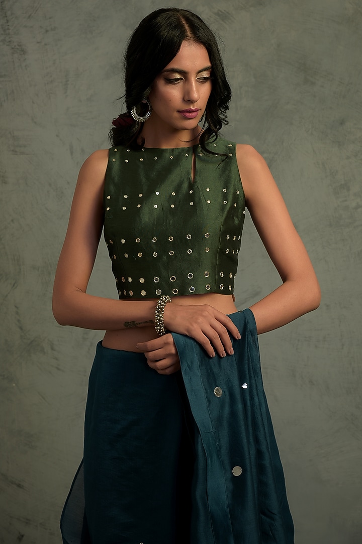 Teal Blue Chanderi Mirror Embroidered Festive Saree Set by Charkhee at Pernia's Pop Up Shop