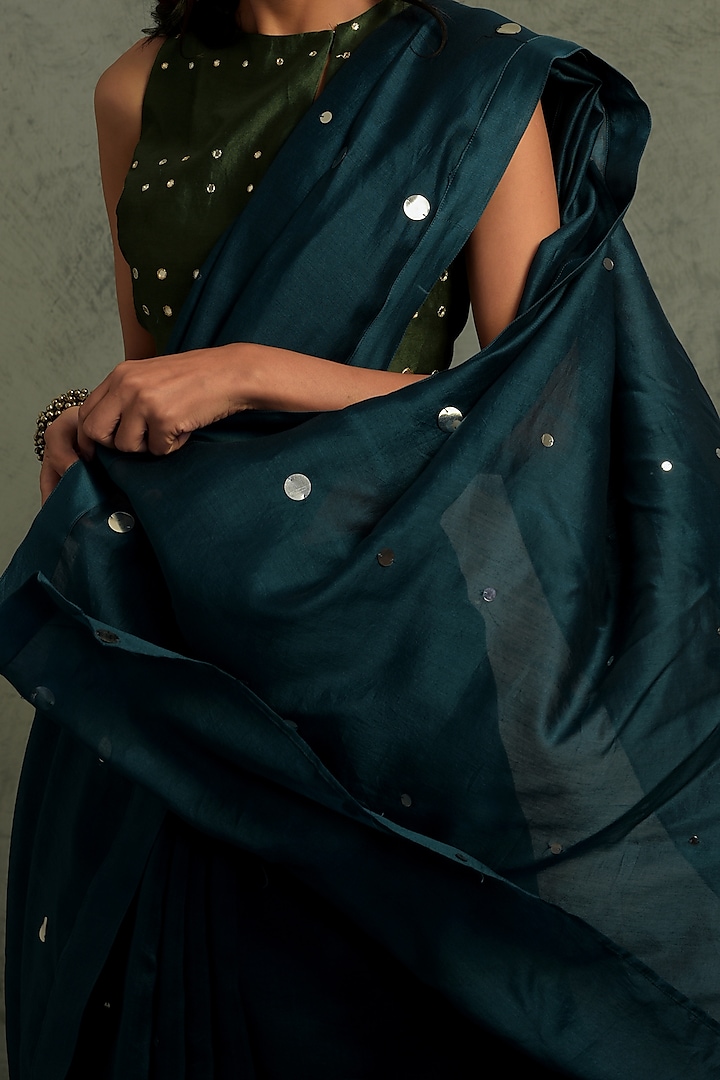 Teal Blue Chanderi Mirror Embroidered Festive Saree Set by Charkhee at Pernia's Pop Up Shop