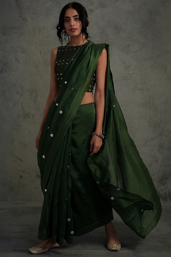 Bottle Green Chanderi Mirror Embroidered Saree Set by Charkhee