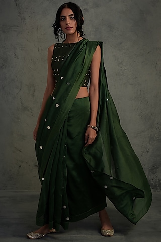 Bottle Green Chanderi Mirror Embroidered Saree Set by Charkhee