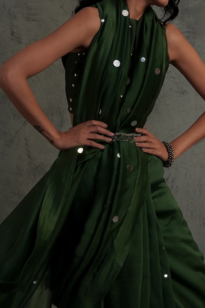 Bottle Green Chanderi Mirror Embroidered Festive Saree Set by Charkhee at Pernia's Pop Up Shop