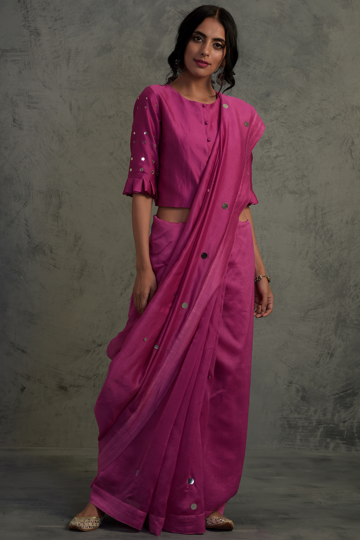 Bright Pink Chanderi Mirror Embroidered Festive Saree Set by Charkhee at Pernia's Pop Up Shop