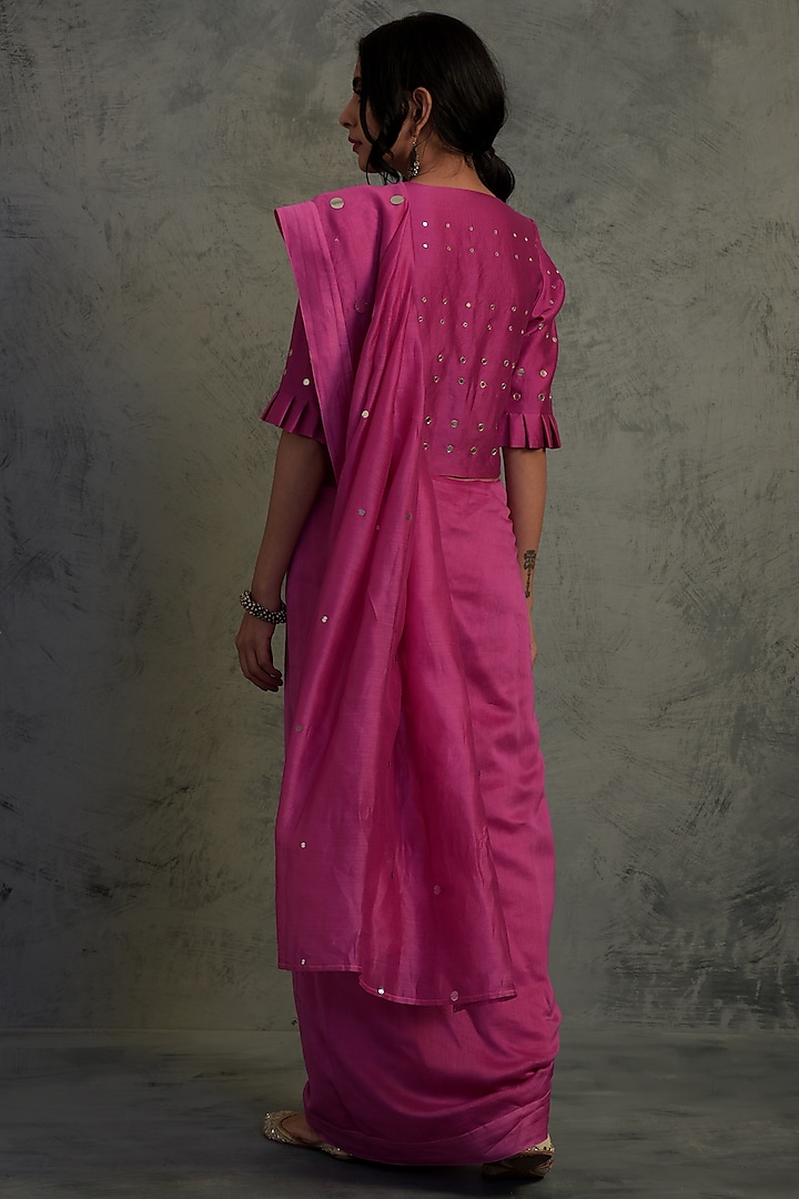 Bright Pink Chanderi Mirror Embroidered Festive Saree Set by Charkhee at Pernia's Pop Up Shop