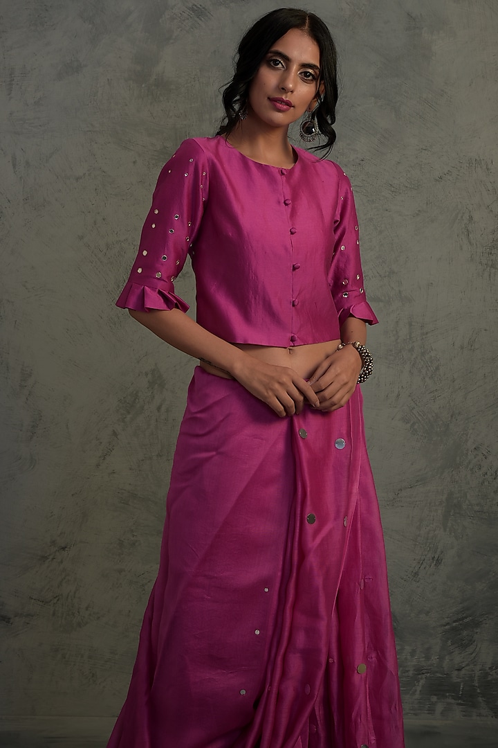 Bright Pink Chanderi Mirror Embroidered Festive Saree Set by Charkhee at Pernia's Pop Up Shop