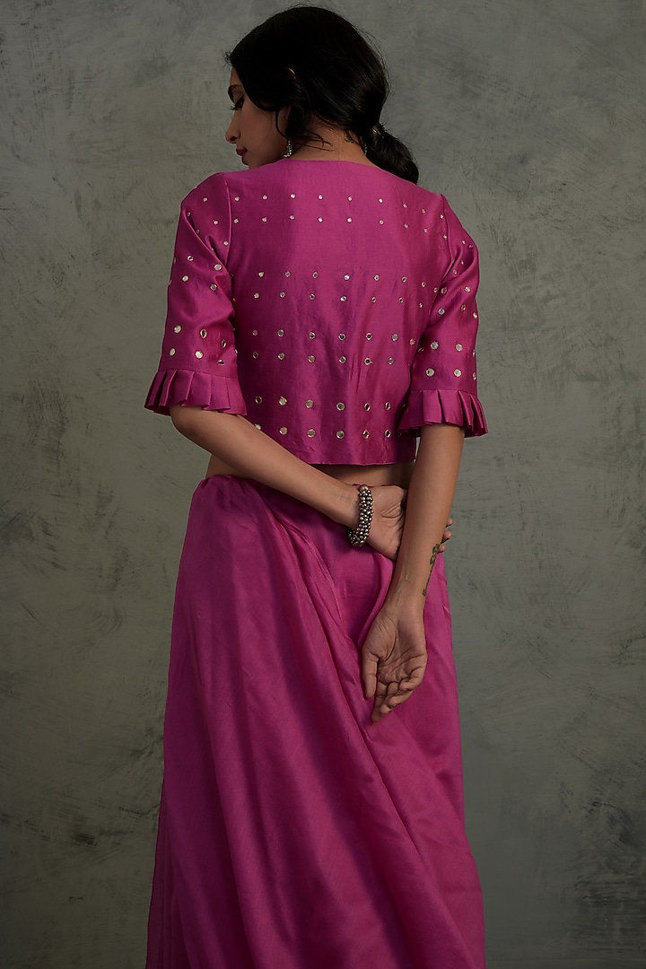 Bright Pink Chanderi Mirror Embroidered Festive Saree Set by Charkhee at Pernia's Pop Up Shop