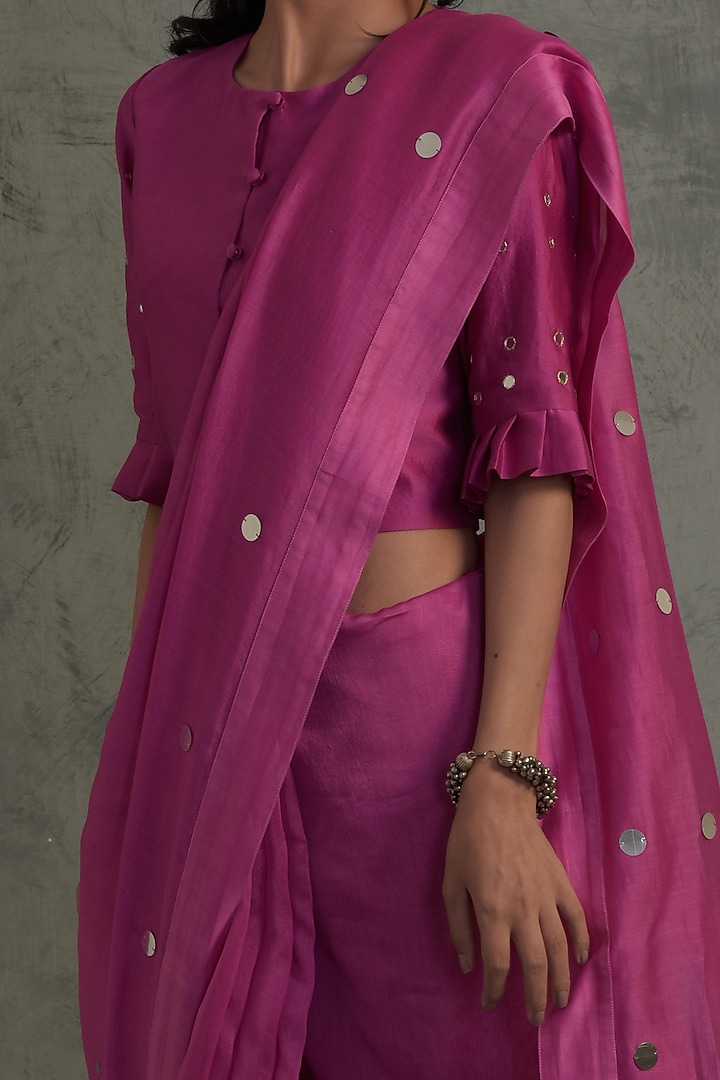 Bright Pink Chanderi Mirror Embroidered Festive Saree Set by Charkhee at Pernia's Pop Up Shop