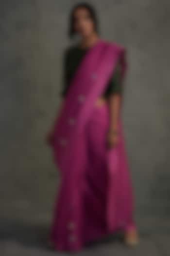 Bright Pink Embroidered Saree With Bottle Green Blouse by Charkhee