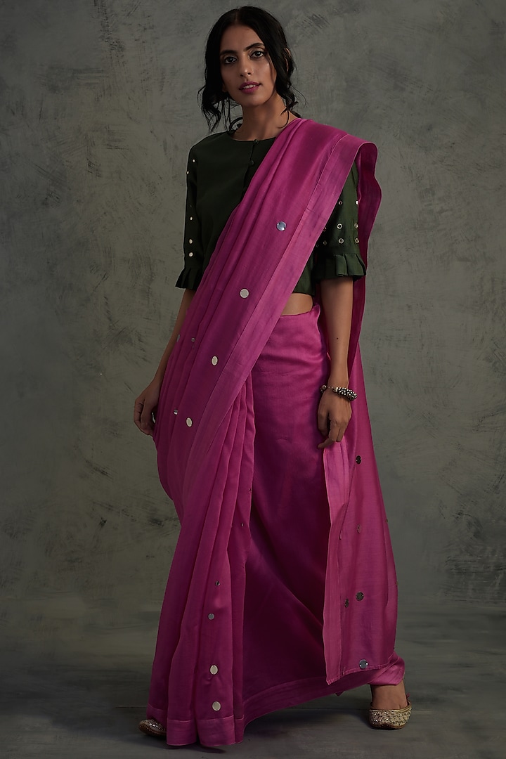Bright Pink Embroidered Saree With Bottle Green Blouse by Charkhee