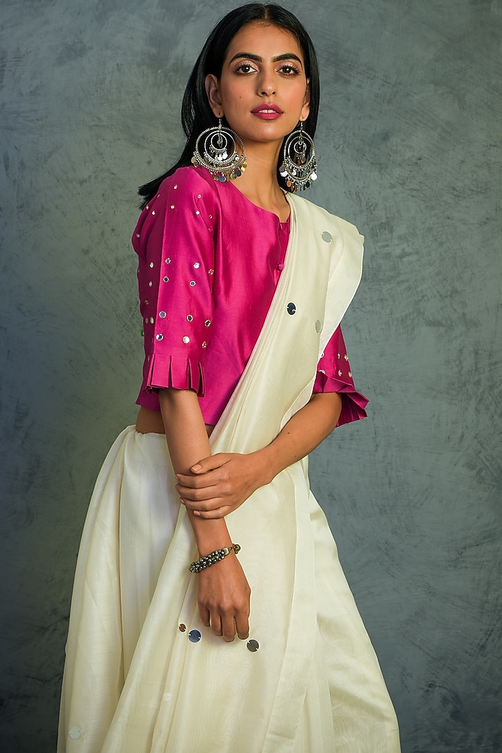 Off-White Chanderi Mirror Embroidered Festive Saree Set by Charkhee at Pernia's Pop Up Shop