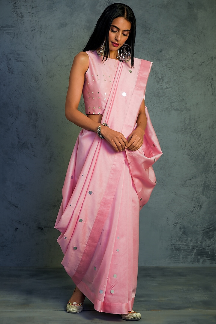 Light Pink Chanderi Mirror Embroidered Saree Set
 by Charkhee