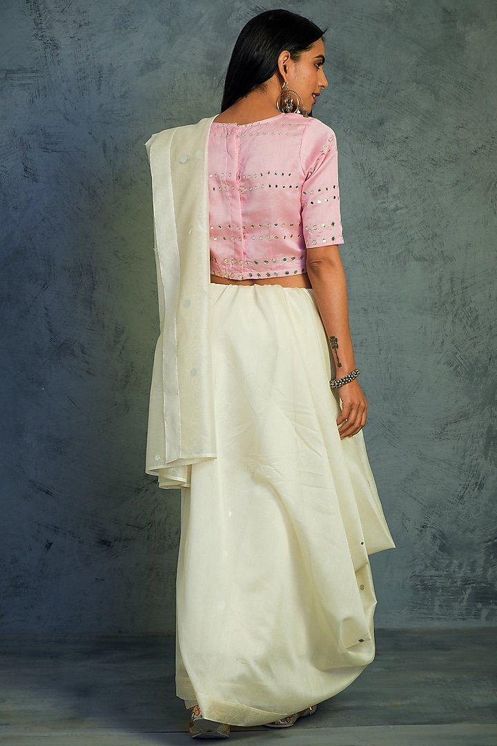 Off-White Chanderi Mirror Embroidered Party Wear Saree Set
 by Charkhee at Pernia's Pop Up Shop