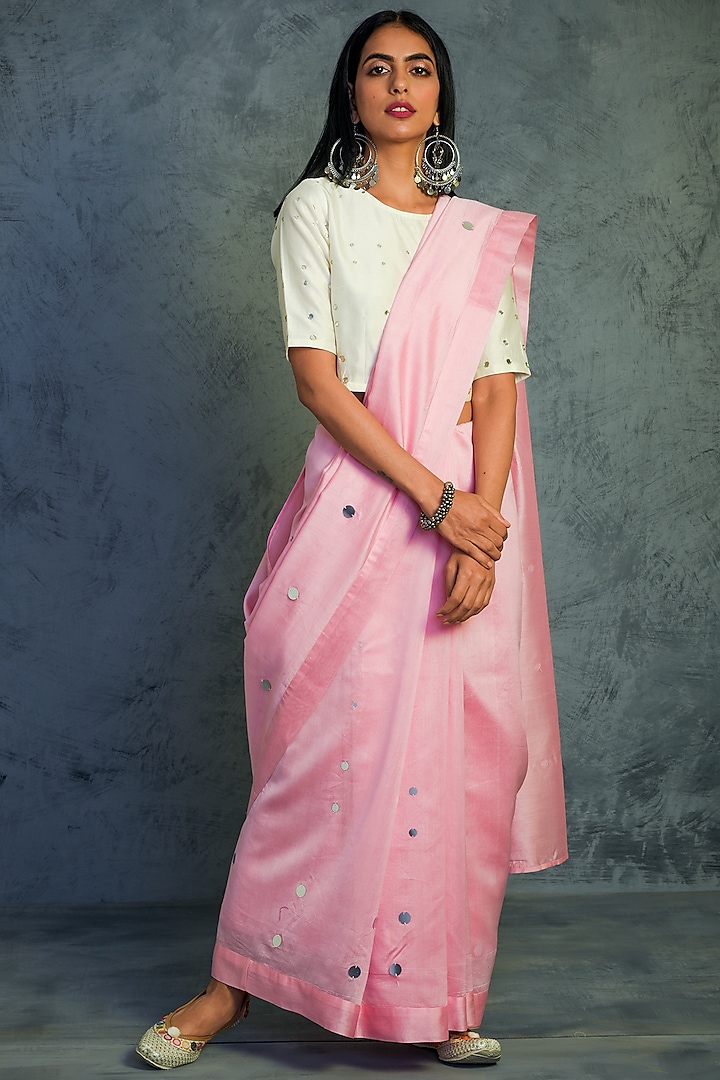 Light Pink Chanderi Mirror Embroidered Saree Set by Charkhee
