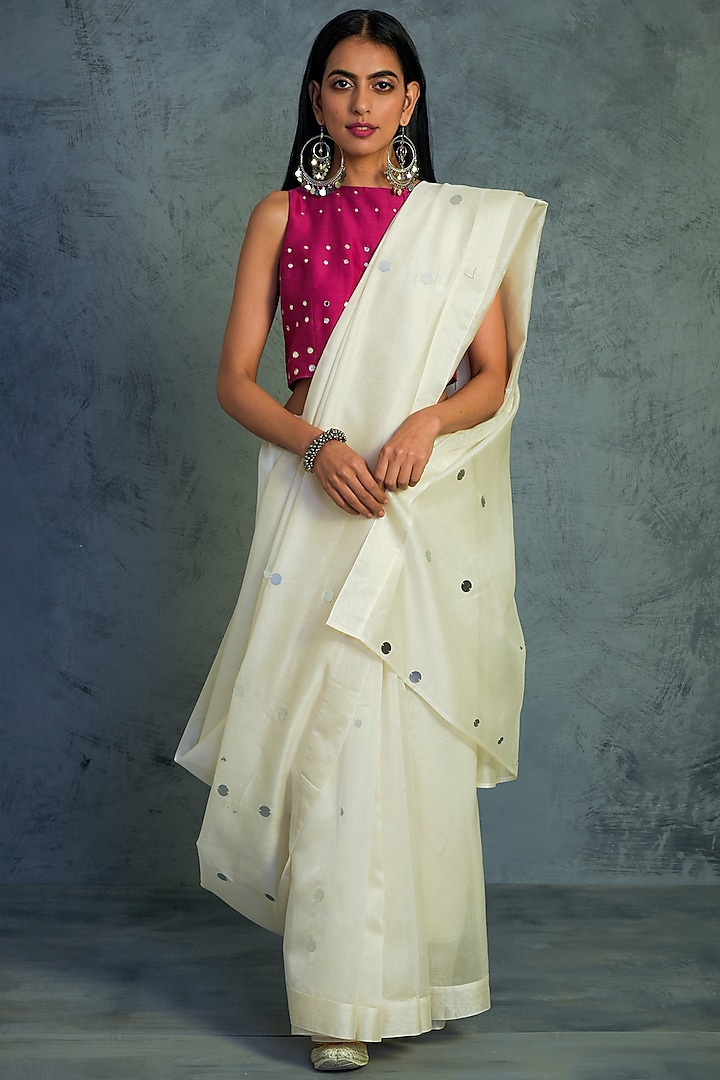 Off-White Chanderi Mirror Embroidered Saree Set by Charkhee