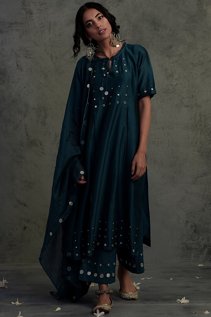 Teal Blue Embroidered Kurta Set by Charkhee