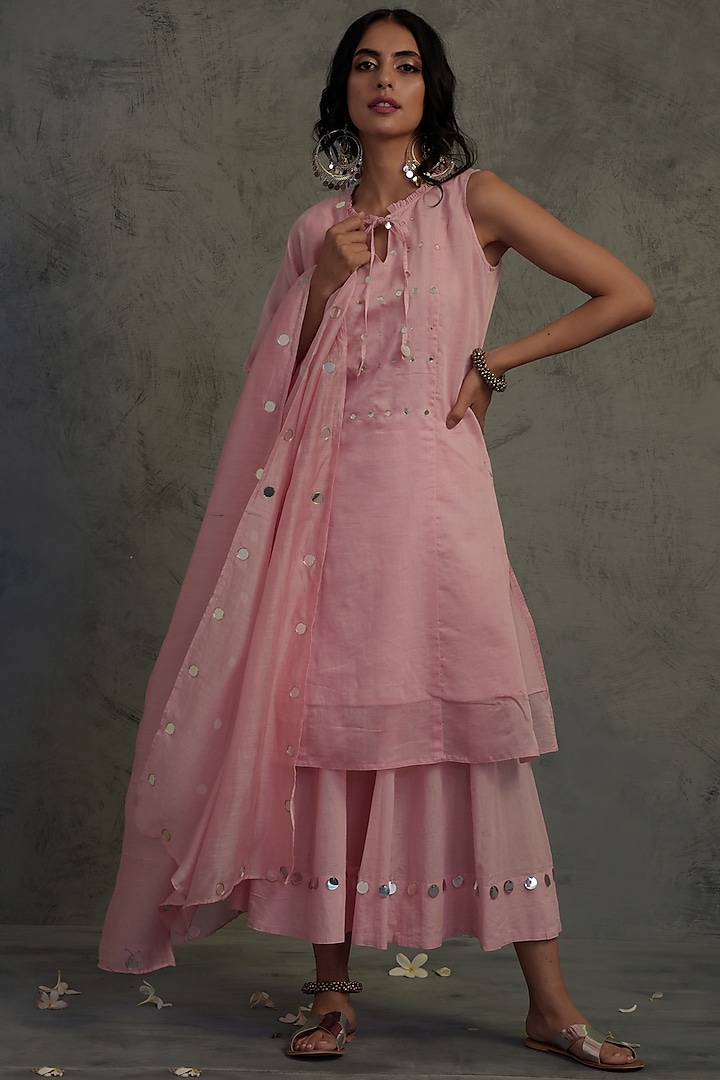 Light Pink Embroidered Sleeveless Kurta Set by Charkhee