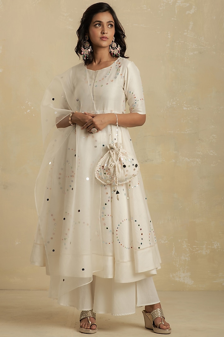 Pearl White Embroidered Anarkali Set by Charkhee