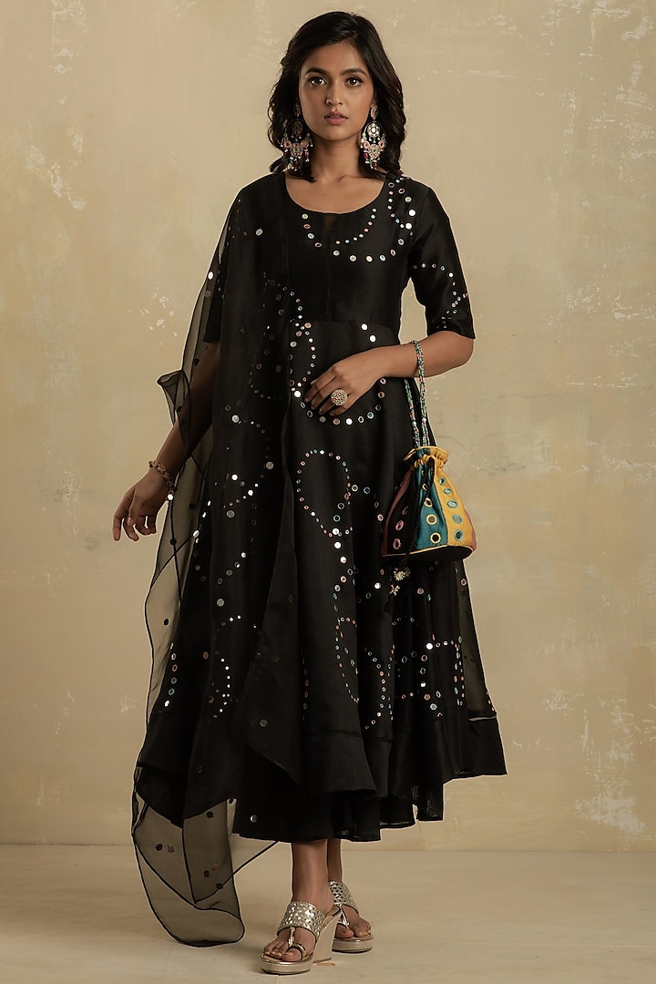 Midnight Black Embroidered Anarkali Set by Charkhee
