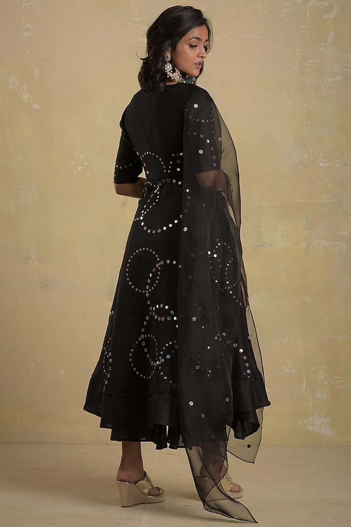 Midnight Black Embroidered Party Wear Anarkali Set by Charkhee at Pernia's Pop Up Shop