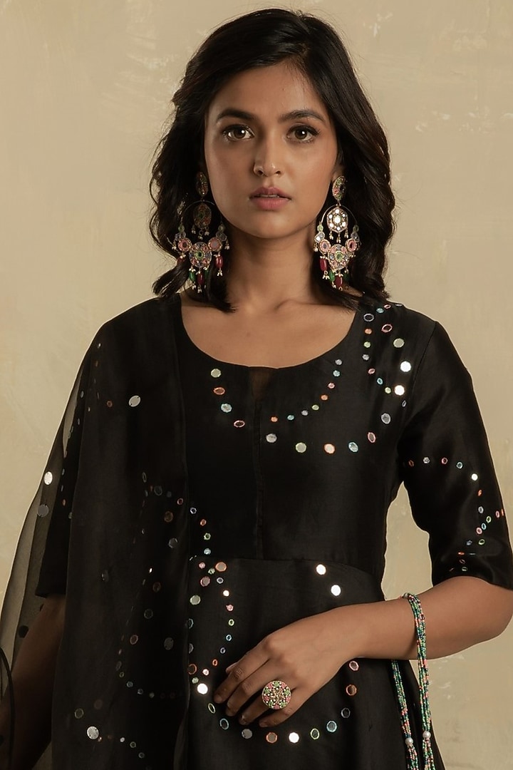 Midnight Black Embroidered Party Wear Anarkali Set by Charkhee at Pernia's Pop Up Shop