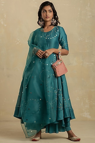 Turquoise Embroidered Flared Anarkali Set by Charkhee