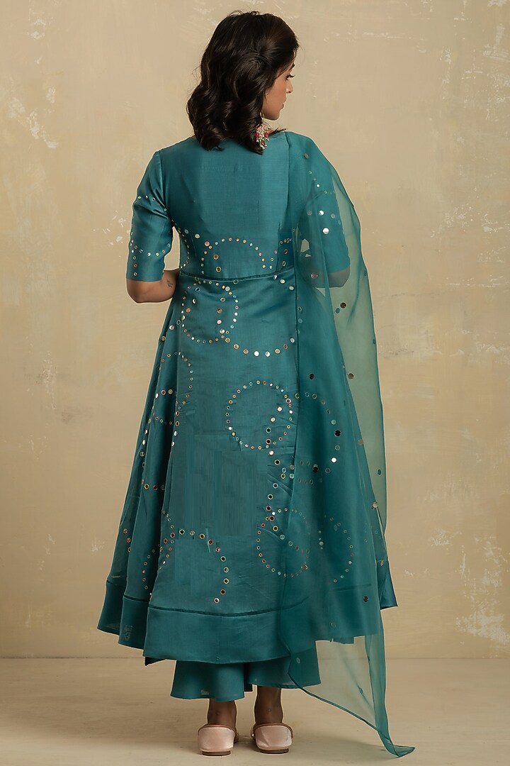 Turquoise Embroidered Flared Party Wear Anarkali Set by Charkhee at Pernia's Pop Up Shop