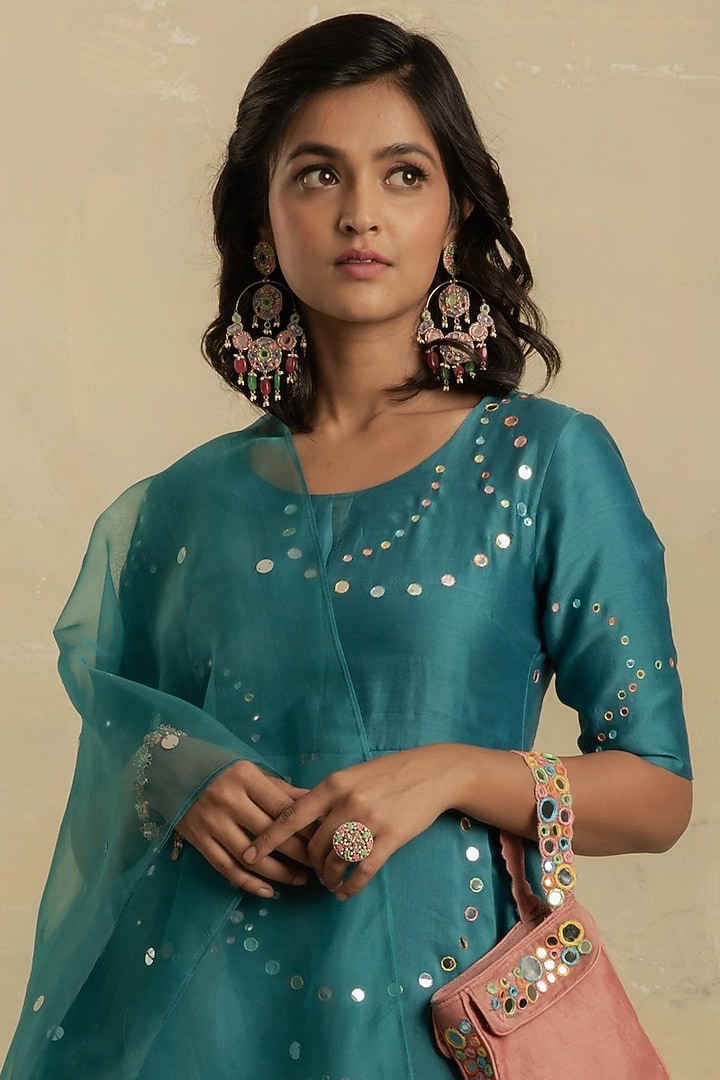 Turquoise Embroidered Flared Party Wear Anarkali Set by Charkhee at Pernia's Pop Up Shop