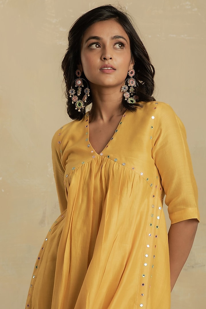 Sunflower Yellow Embroidered Kurta Set by Charkhee at Pernia's Pop Up Shop