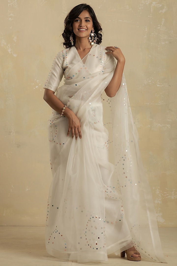 Pearl White Embroidered Saree Set by Charkhee