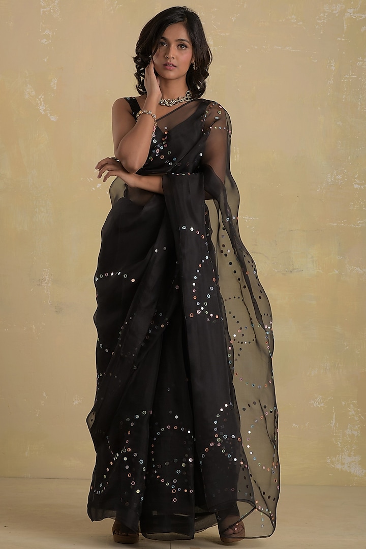 Midnight Black Embroidered Saree Set by Charkhee