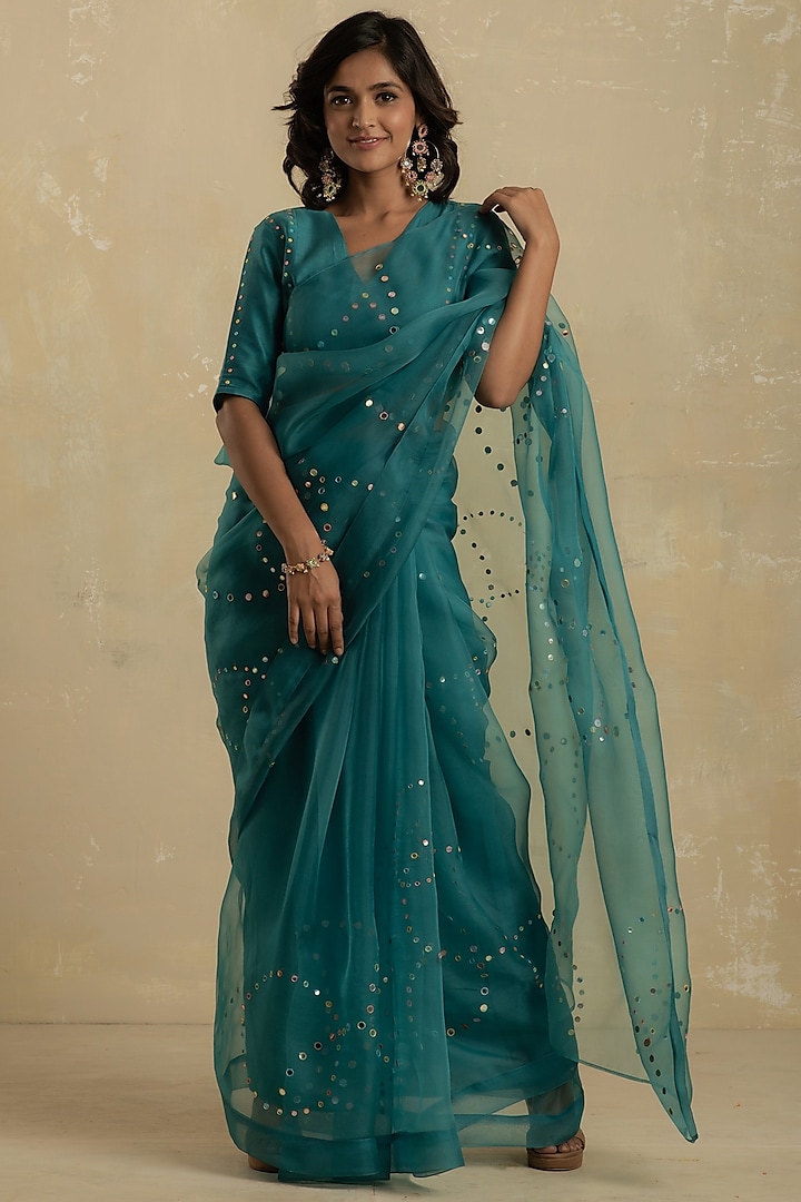 Turquoise Mirror Embroidered Saree Set by Charkhee