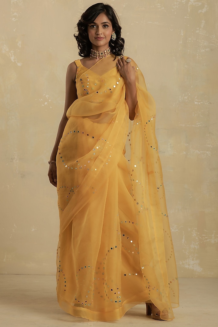 Sunflower Yellow Mirror Embroidered Saree Set by Charkhee