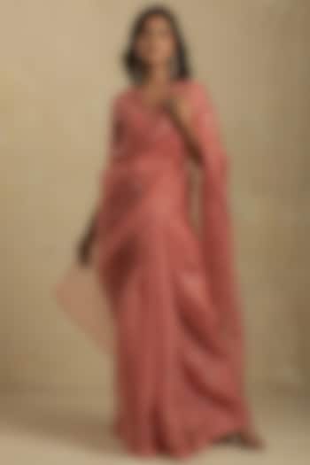 Dusty Pink Mirror Embroidered Saree Set by Charkhee