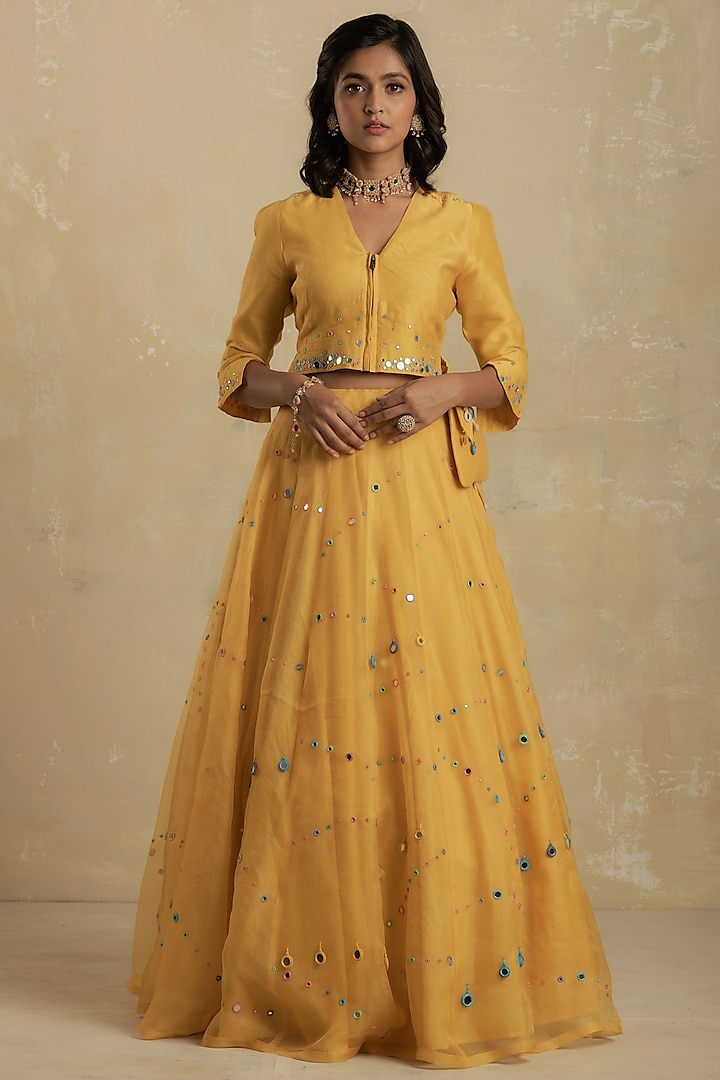 Yellow Embroidered Lehenga Set by Charkhee